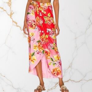 AGUA BENDITA X REVOLVE Mimi Sarong Style Skirt in Pink and Red Blossom NWT